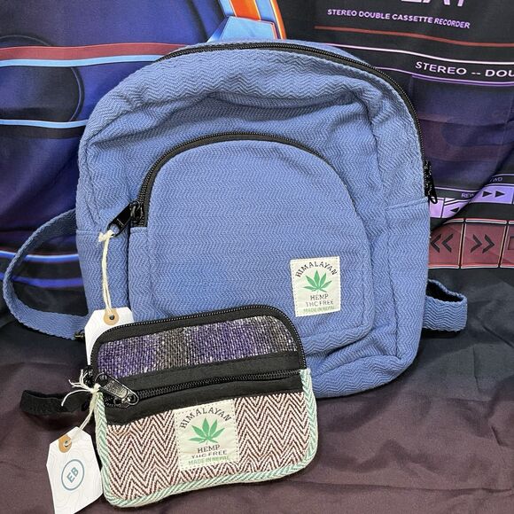 Himalayan Hippie Boho Hemp Small Travel Backpack & Wrist Pouch